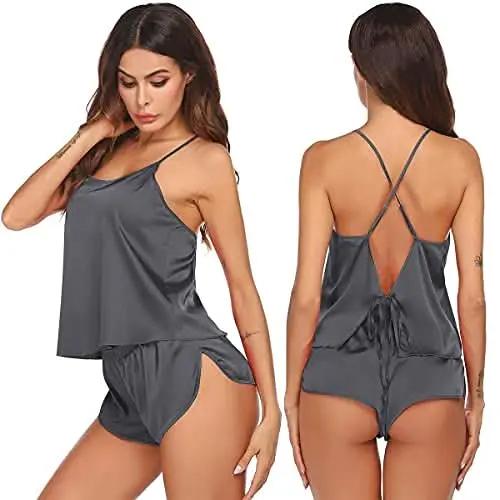 Silk Pajamas Set for Women Satin Backless Lingerie Pjs Cami Top and Shorts Nightwear - Love Salve